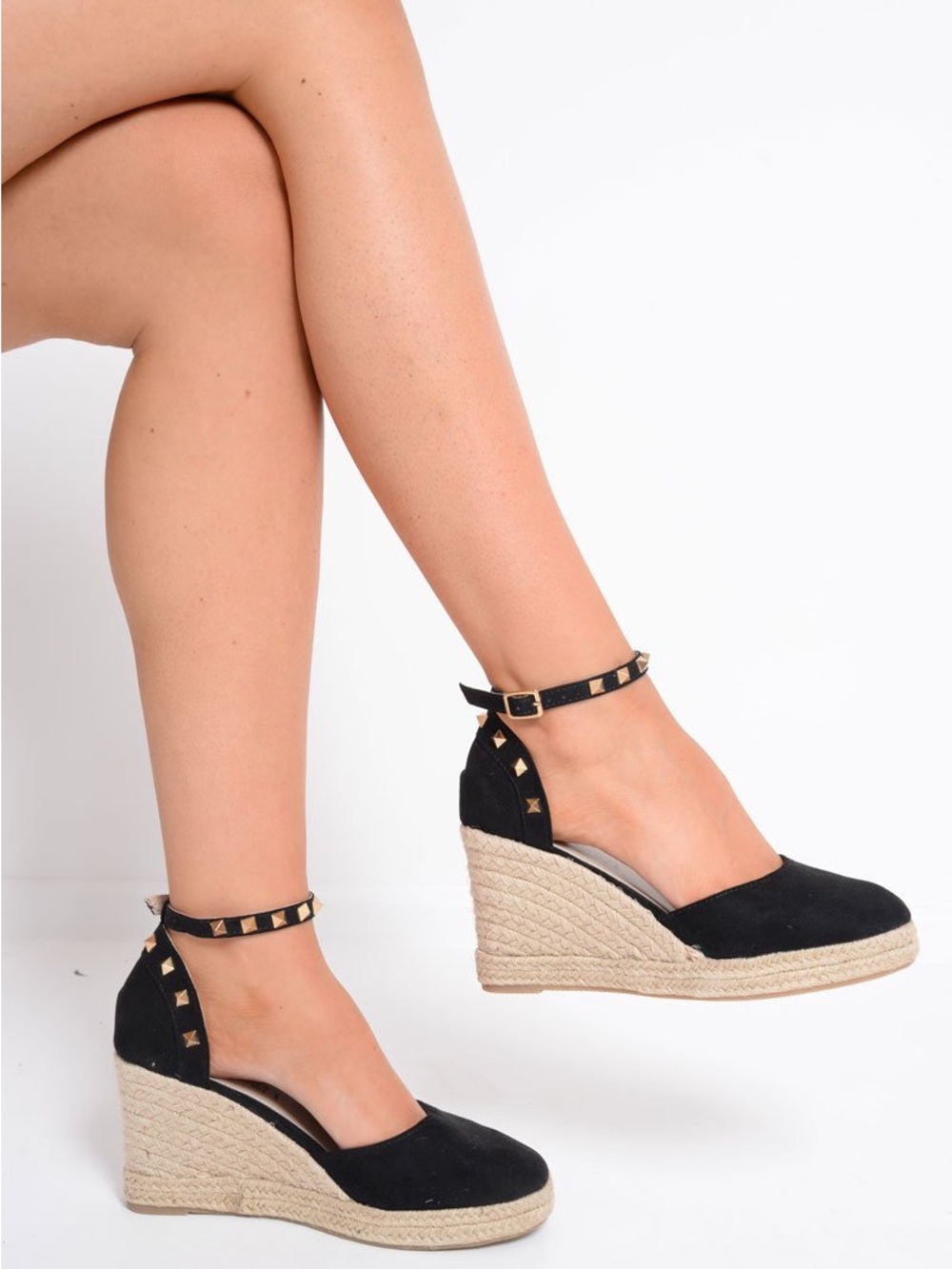 Thalia Sodi Black Suede Espadrille Wedge Sandals with Studded Ankle Strap